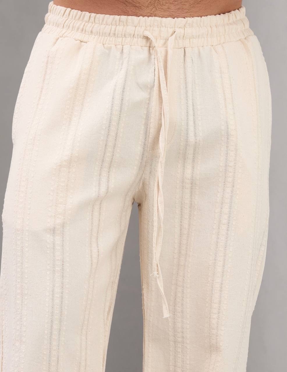 Bej Nakışlı Baggy Keten Pantolon