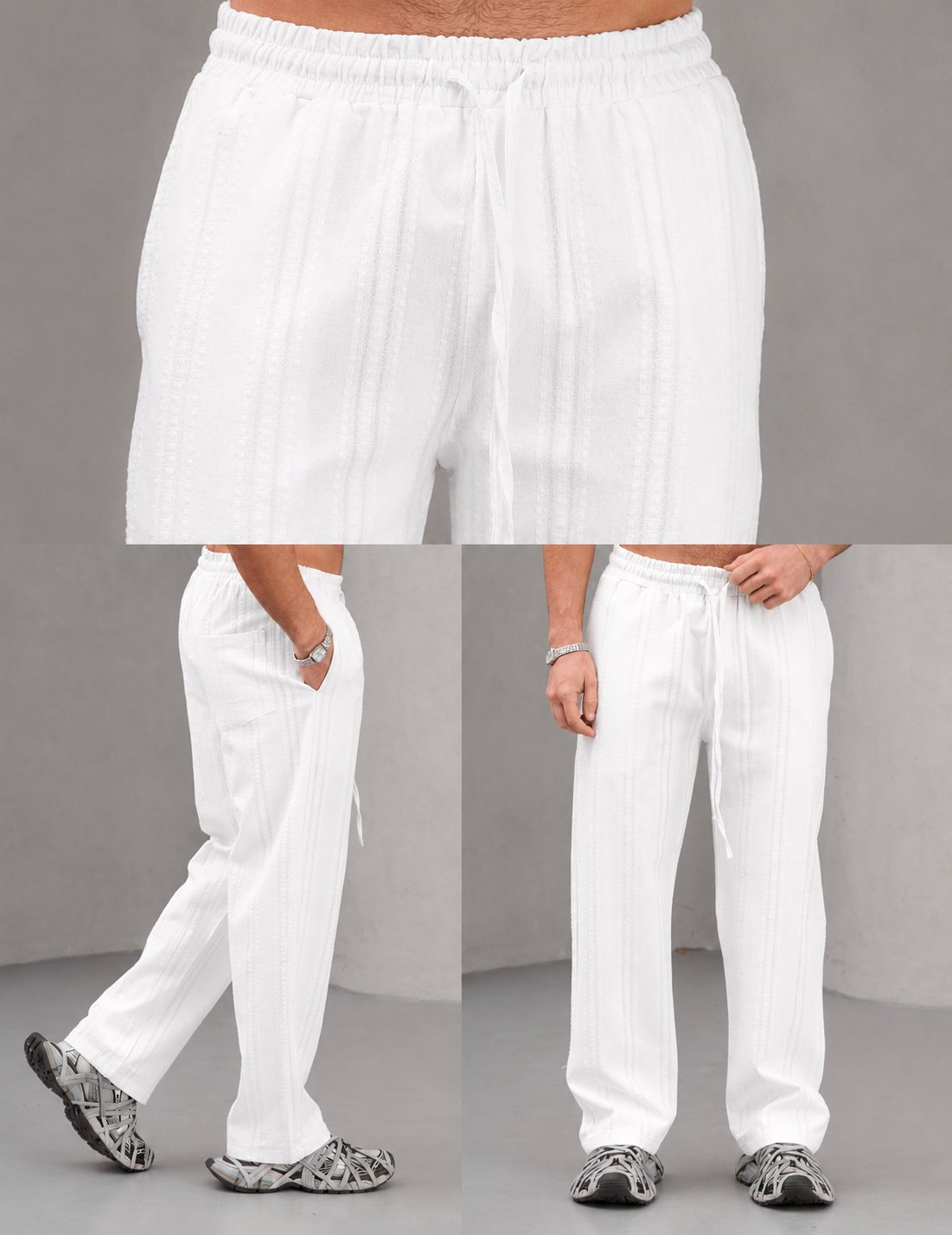 Beyaz Nakışlı Baggy Keten Pantolon