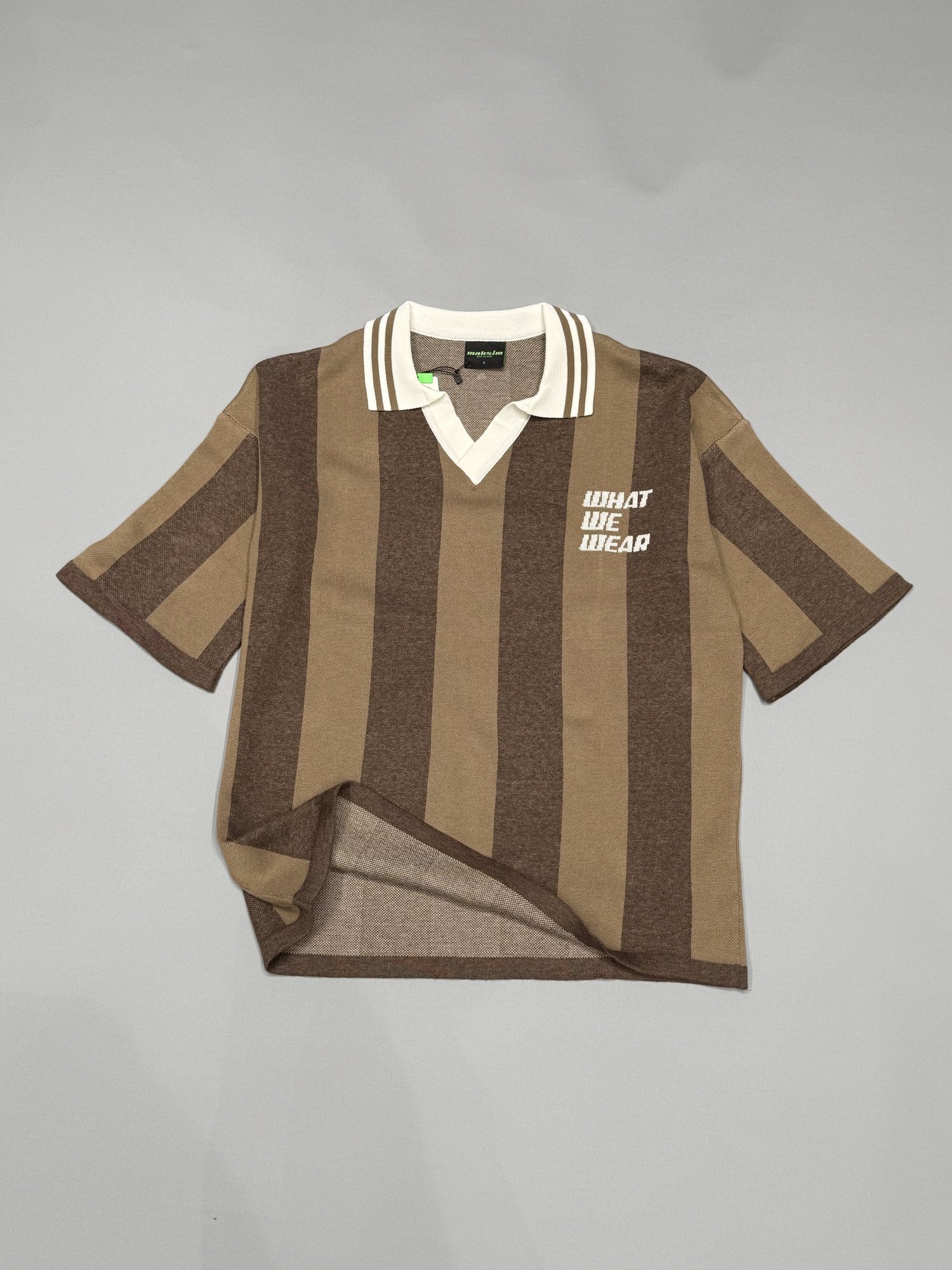 Kahverengi Dikey Çizgili Oversize Polo Yaka Triko