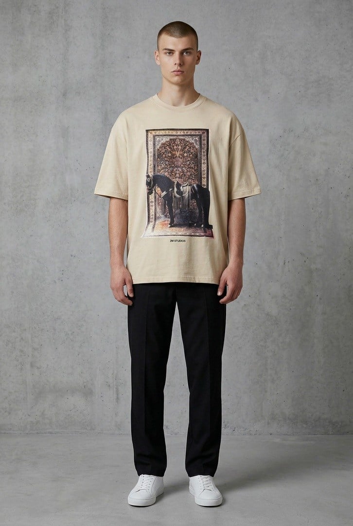 Kısa Kollu Baskılı Bej T-shirt