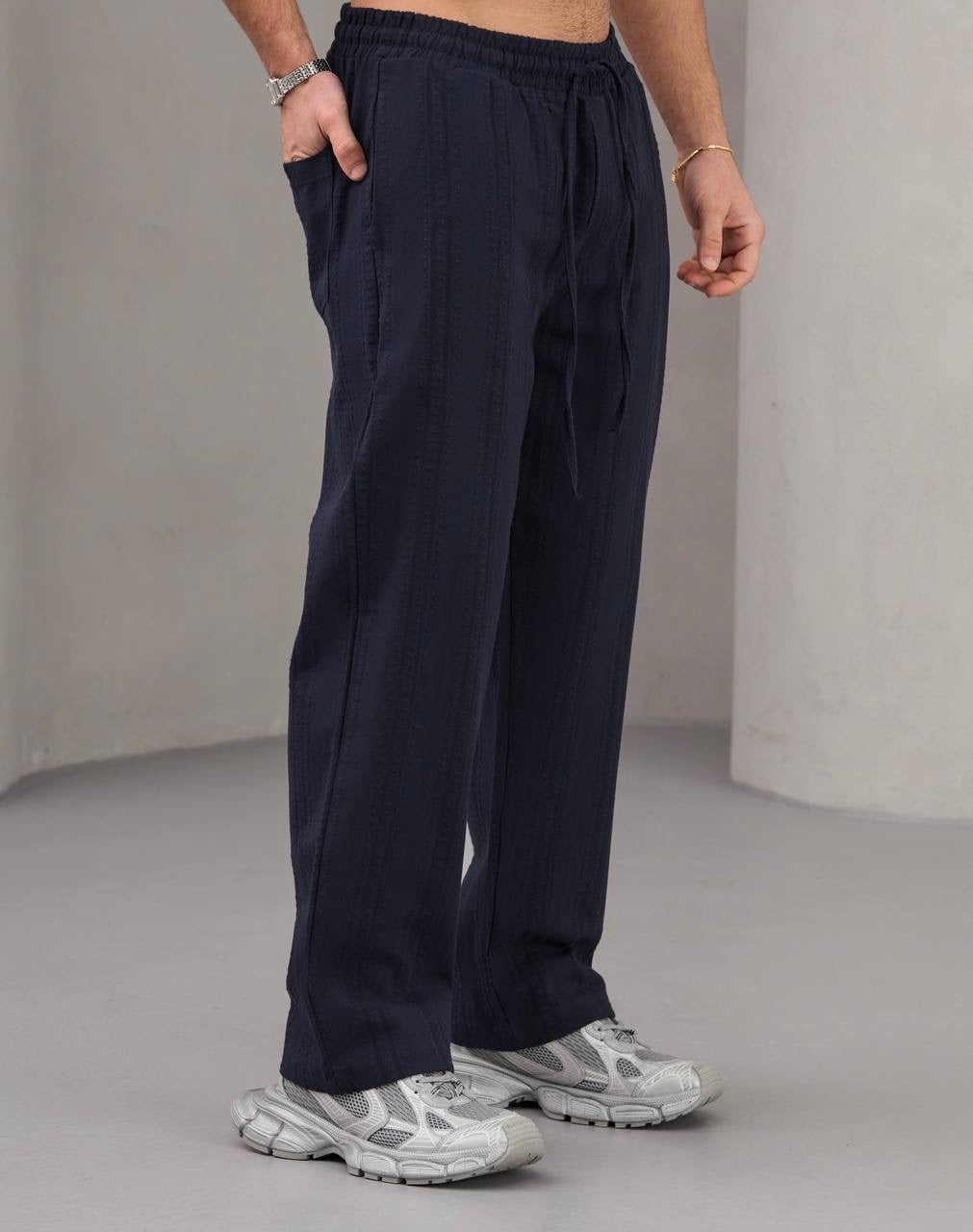 Lacivert Nakışlı Baggy Keten Pantolon