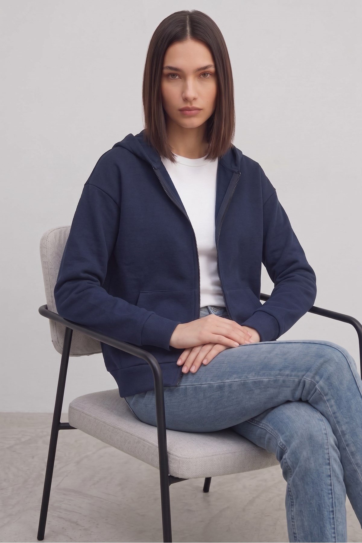 Kadın Lacivert Oversize Kapüşonlu İçi Pamuklu Hırka