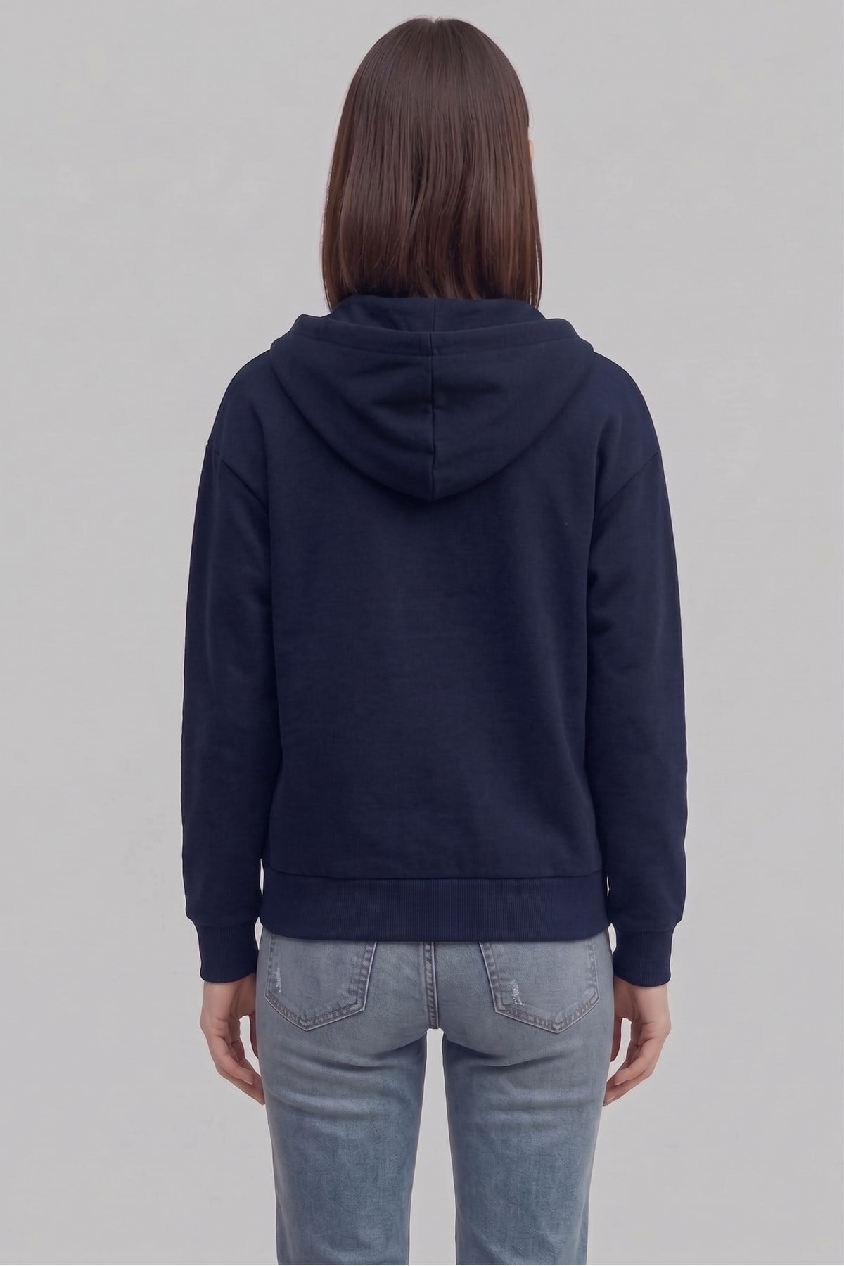 Kadın Lacivert Oversize Kapüşonlu İçi Pamuklu Hırka