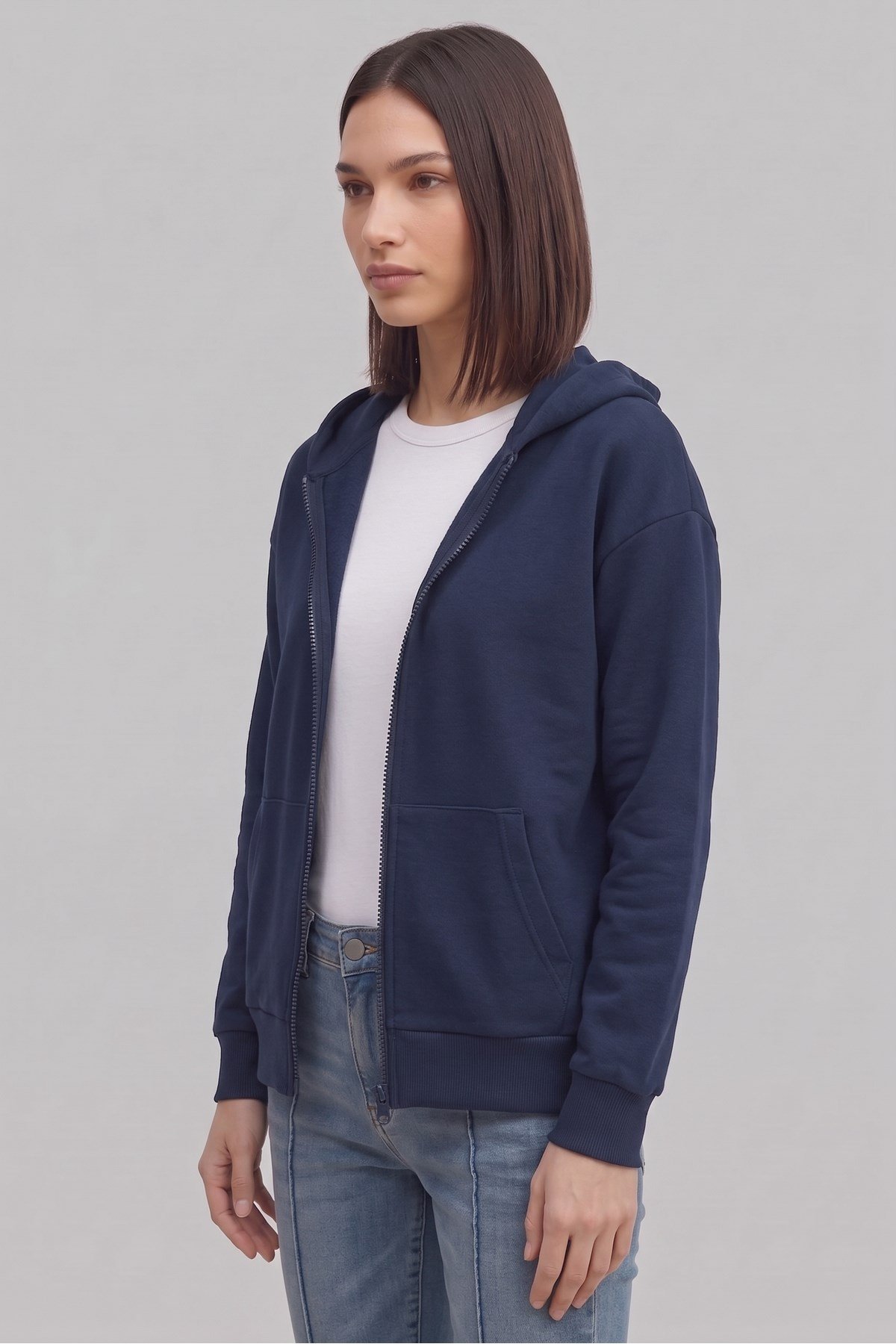 Kadın Lacivert Oversize Kapüşonlu İçi Pamuklu Hırka