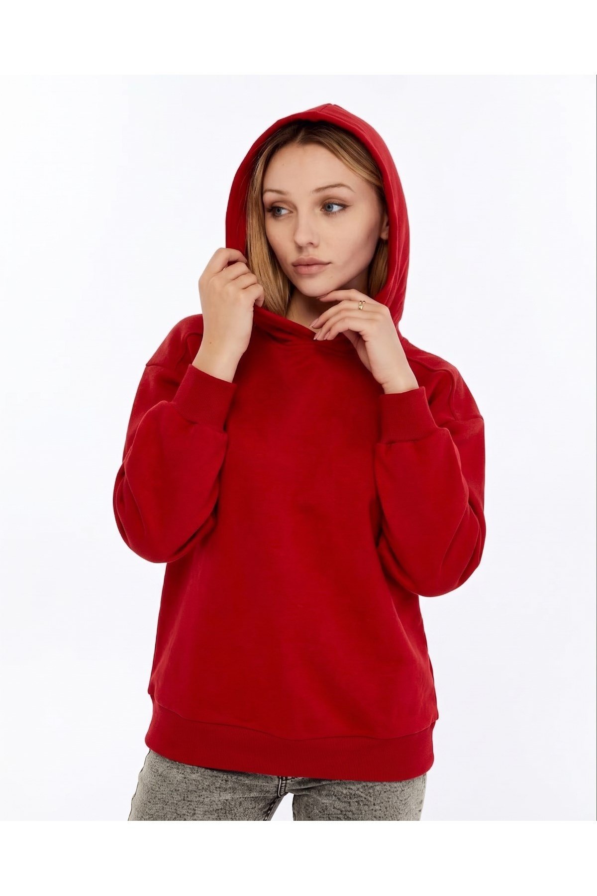 Kadın Kapüşonlu Içi Pamuklu Kompakt Oversize Basic Sweatshirt