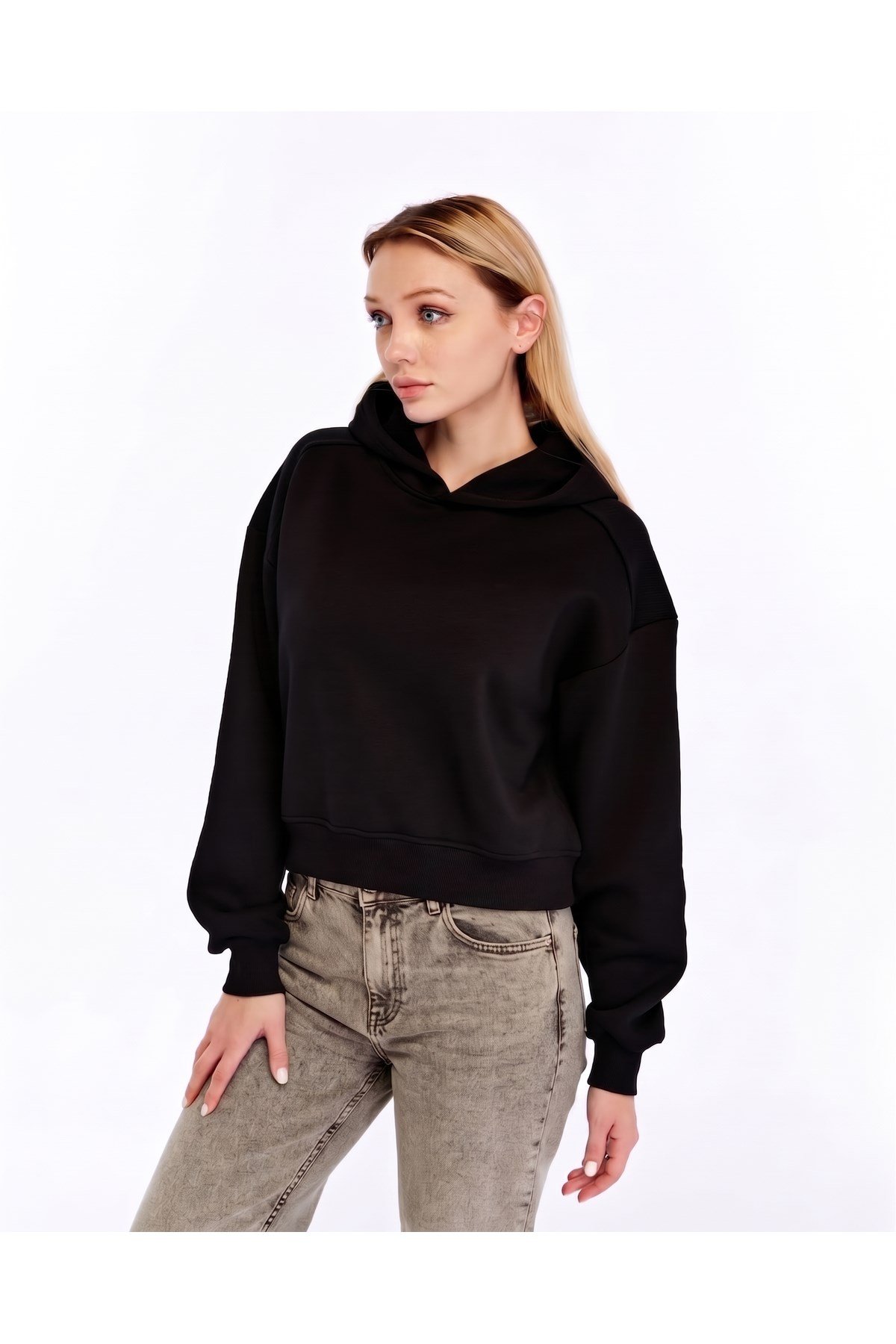 Kadın Kapüşonlu Içi Pamuklu Kompakt Oversize Basic Sweatshirt