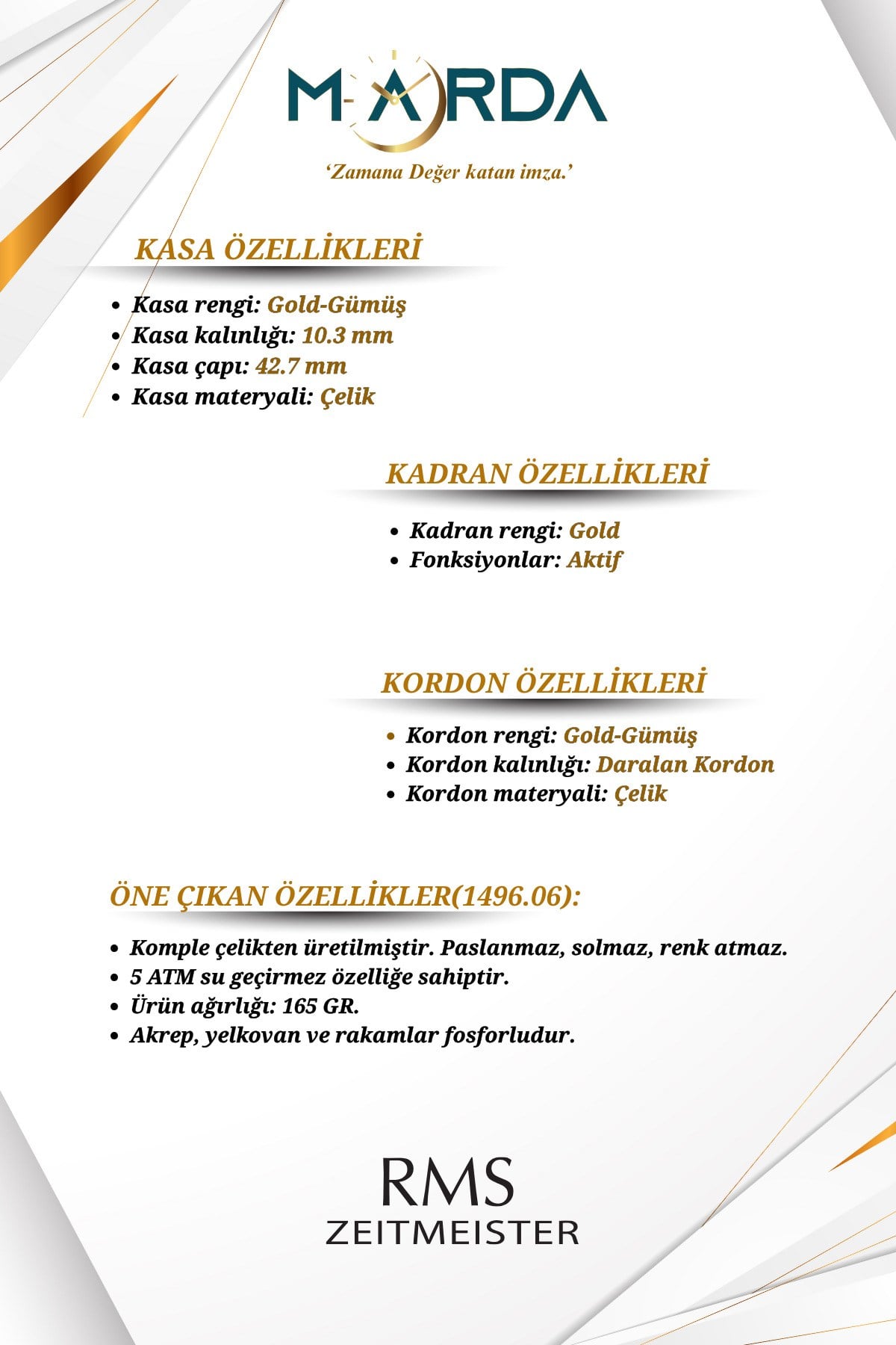 Fonksiyonlu Gümüş-Altın Çelik Kordon Çelik Kasa Erkek Kol Saati 1496.06MR