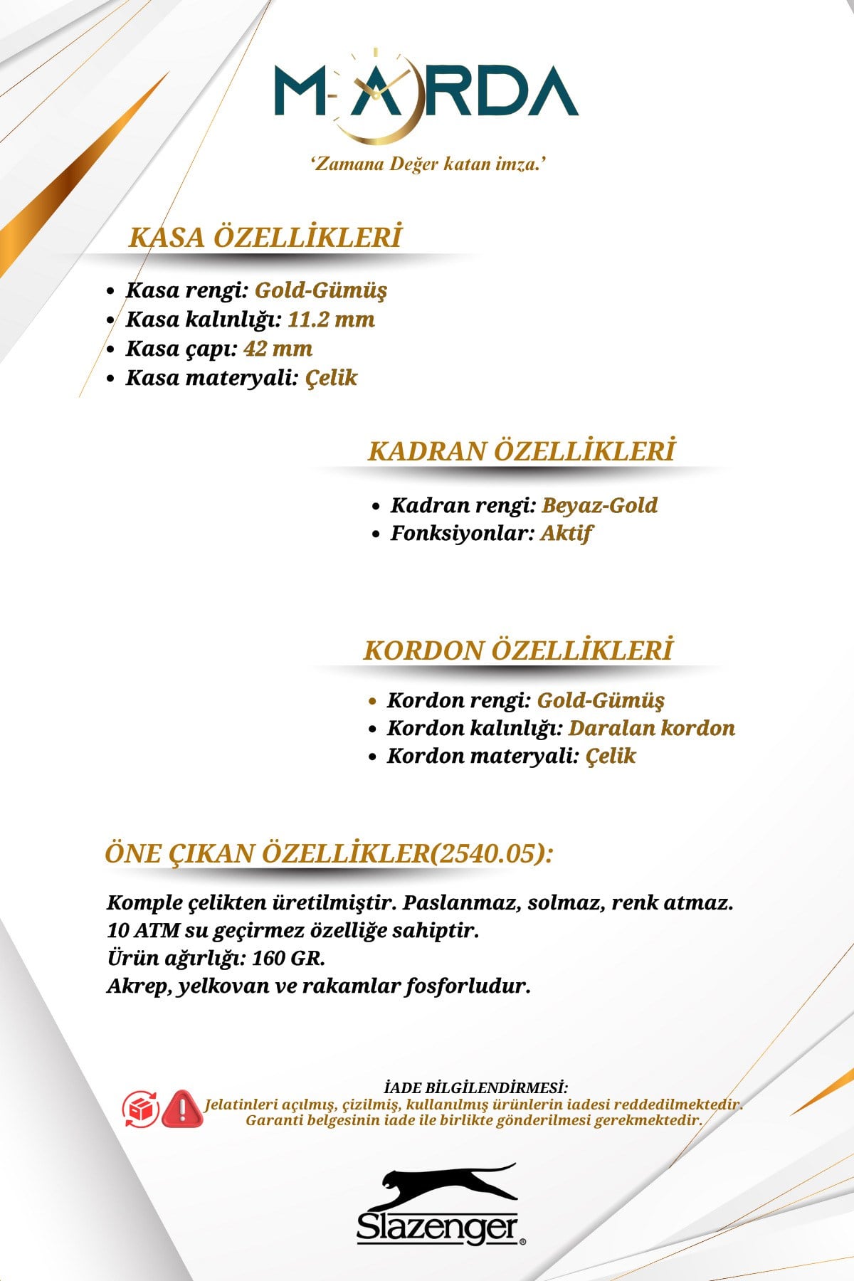 Fonksiyonlu Gümüş-Altın Renk 10 ATM Su Geçirmezlik Çelik Kasa Erkek Kol Saati 2540MR