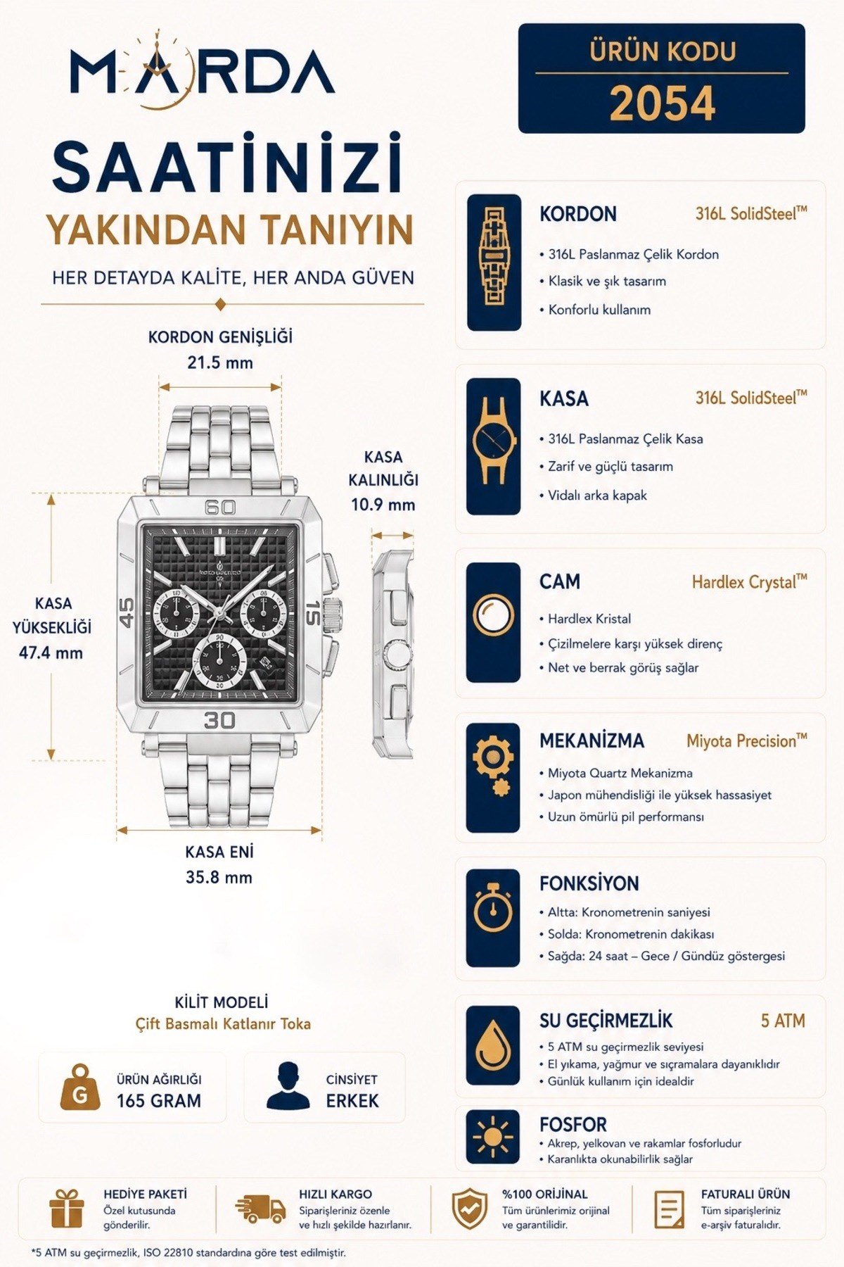 Fonksiyonlu Gümüş-Lacivert Renk 5 ATM Su Geçirmez Komple Çelik 24 Ay Garantili Erkek Kol Saati 2054MR