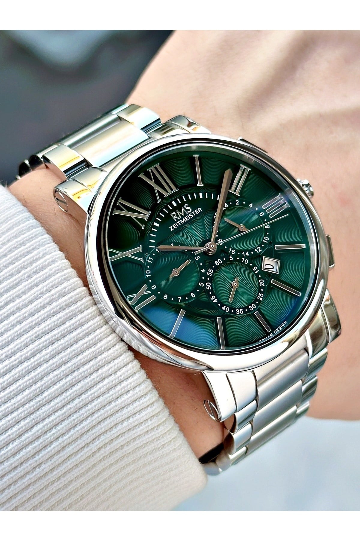 Fonksiyonlu Gümüş-Yeşil Renk Çelik Kordon Çelik Kasa 24 Ay Garantili Erkek Kol Saati 1013.15MR