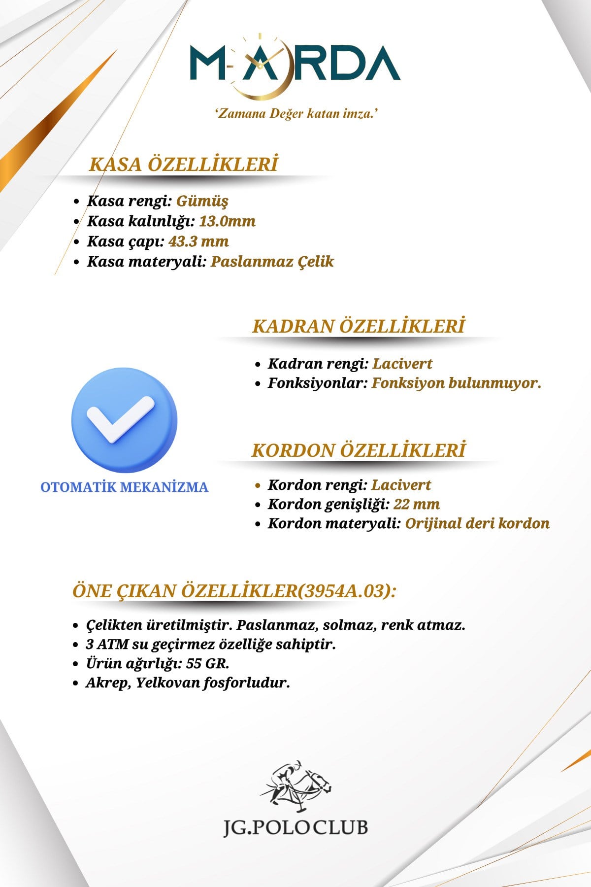 Otomatik Lacivert Renk Çelik Kasa Erkek Kol Saati 3954AMR