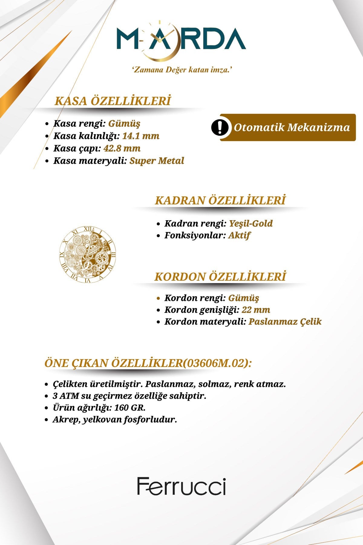 Otomatik Mekanizmalı Gümüş-Yeşil Renk Çelik Kordon Erkek Kol Saati FRC2038MR