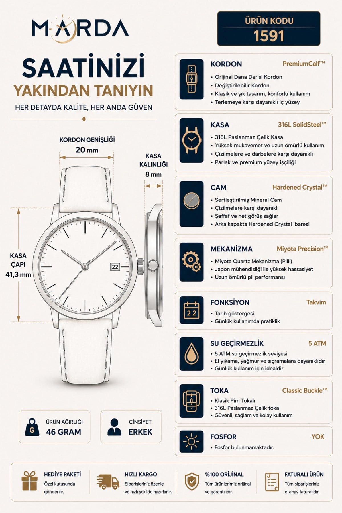 Özel Tasarım 5 ATM Su Geçirmez Deri Kordonlu Takvimli 24 Ay Garantili Erkek Kol Saati 1591MR