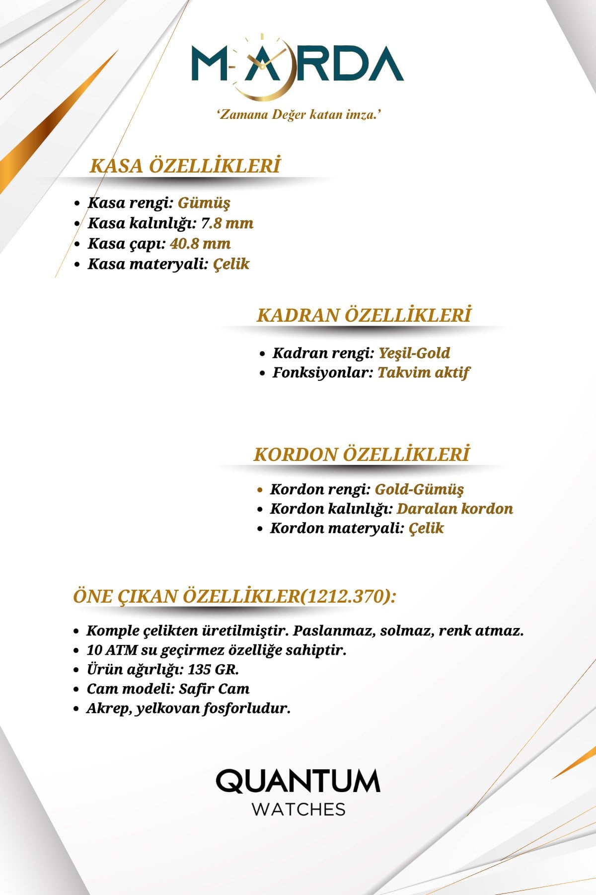 Takvimli Altın-Yeşil Renk Safir Cam Çelik Kordon Çelik Kasa Erkek Kol Saati 1212MR