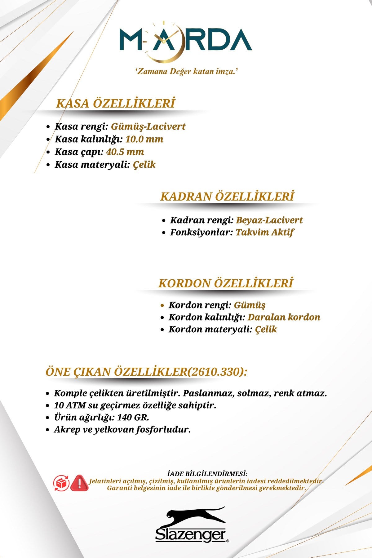 Takvimli Gümüş Renk 10 ATM Su Geçirmezlik Çelik Kasa Erkek Kol Saati 2610MR