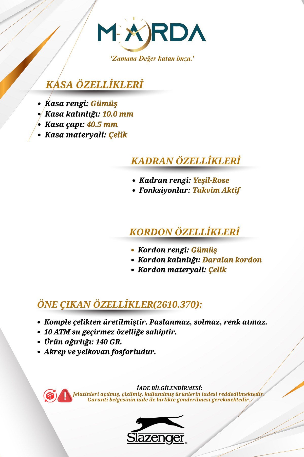 Takvimli Gümüş-Yeşil Renk 10 ATM Su Geçirmezlik Çelik Kasa Erkek Kol Saati 2610MR