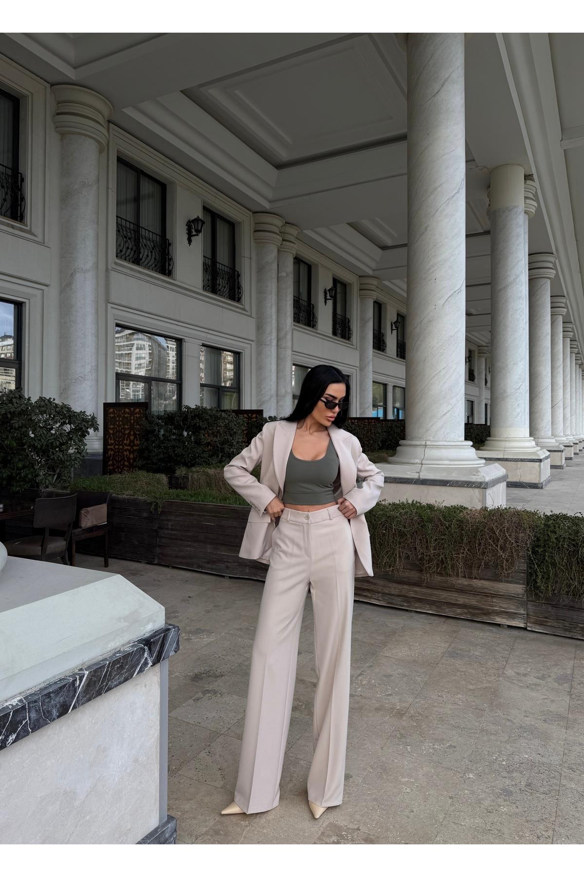 Blazer Takım Elbise Tek Düğme Ceket Kemerli Pantalon