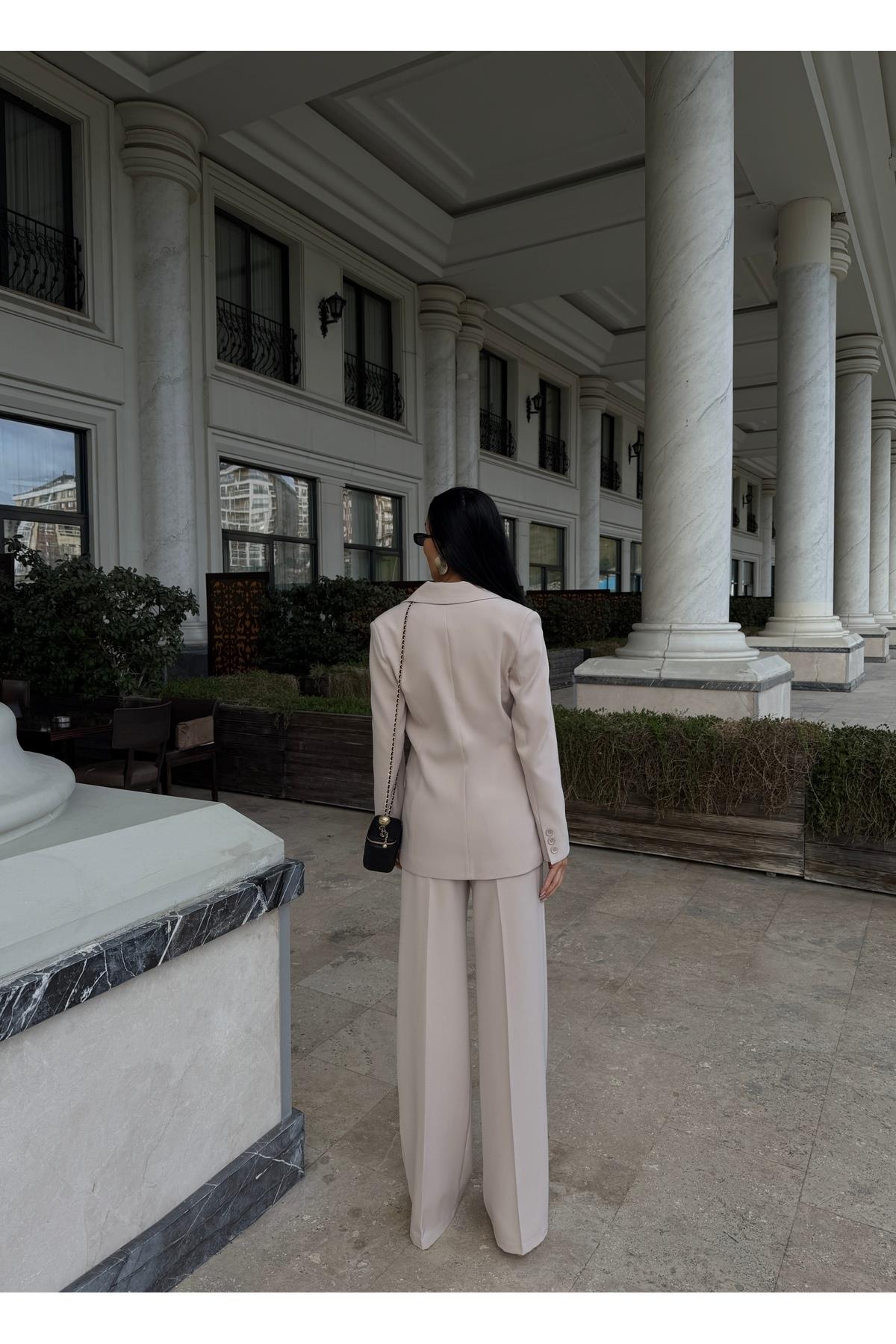 Blazer Takım Elbise Tek Düğme Ceket Kemerli Pantalon