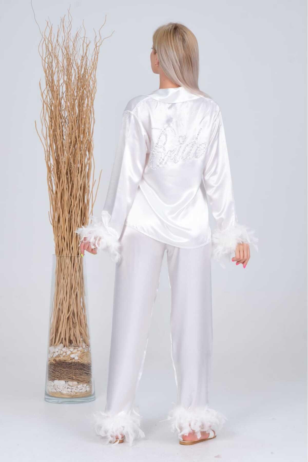 Bride Kaztüylü Saten Pijama BEYAZ