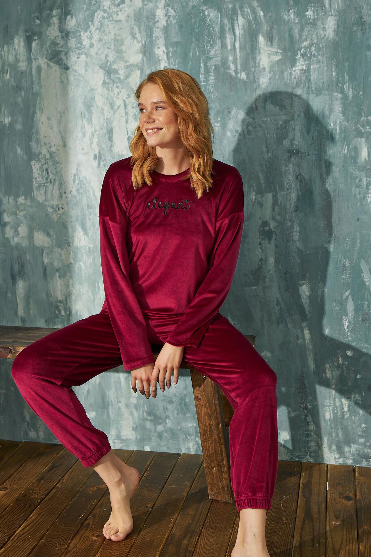 KADİFE 2'Lİ TAKIM KADIN BORDO ELEGANT