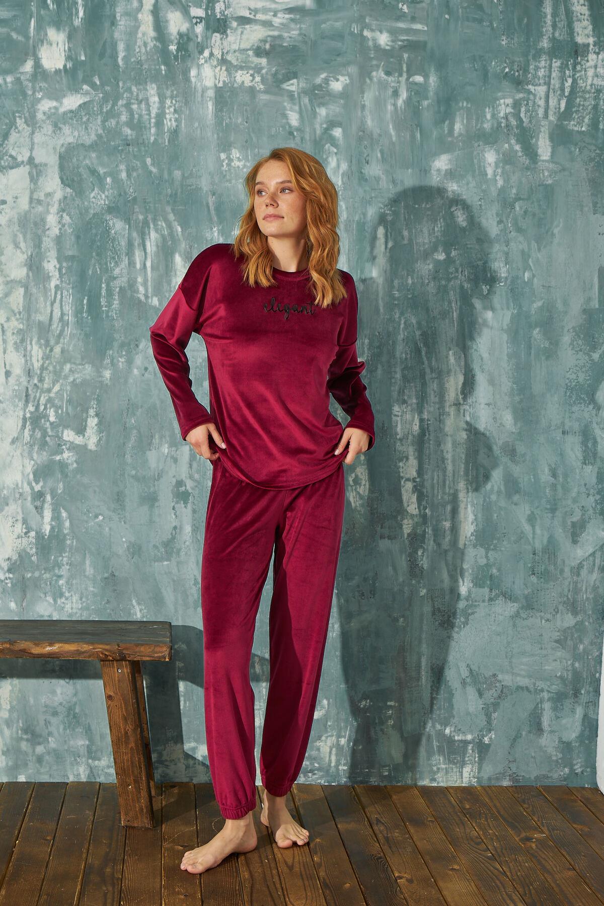 KADİFE 2'Lİ TAKIM KADIN BORDO ELEGANT