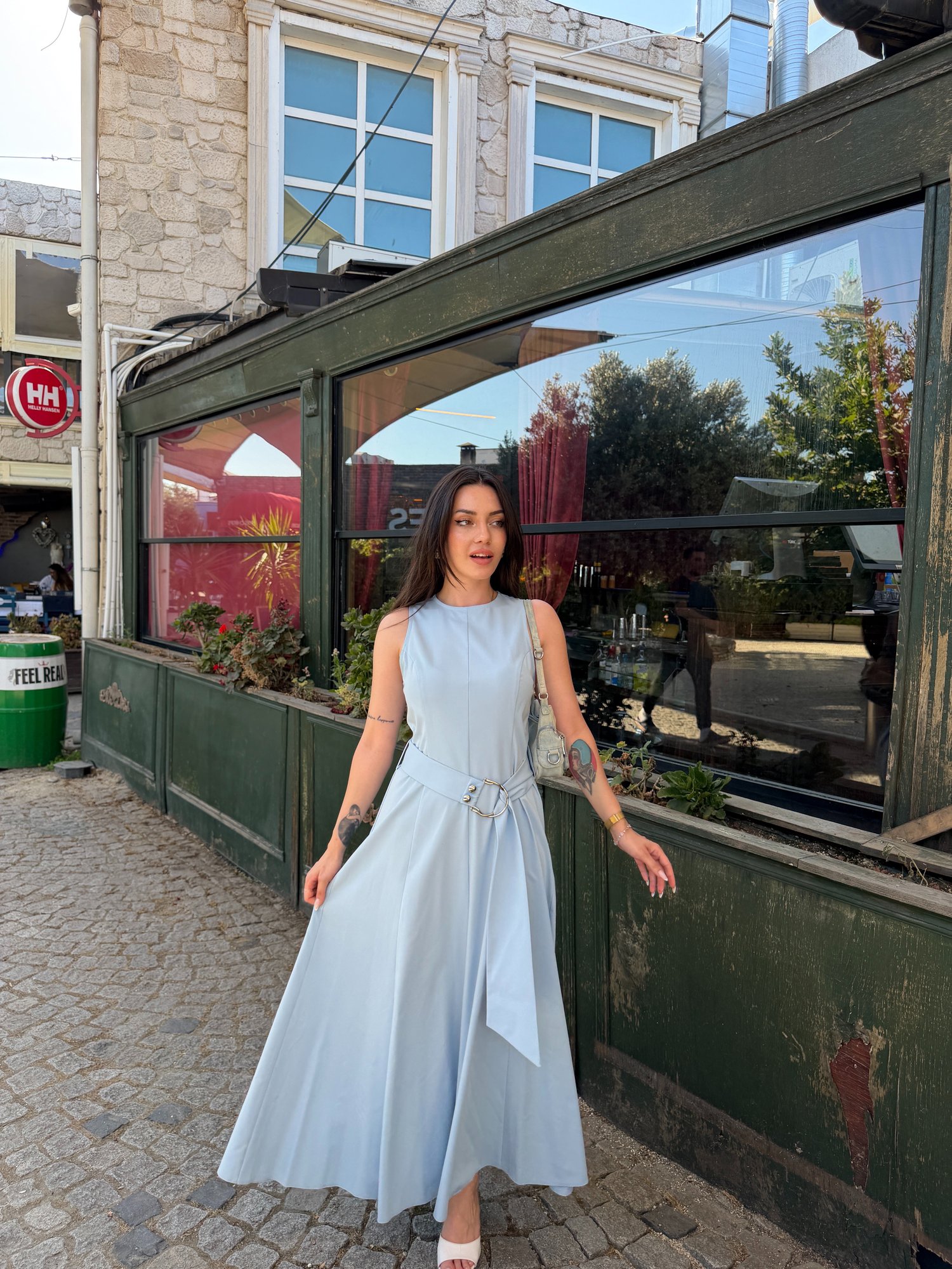 Sleeveless Long Belted Dress Polyviscose