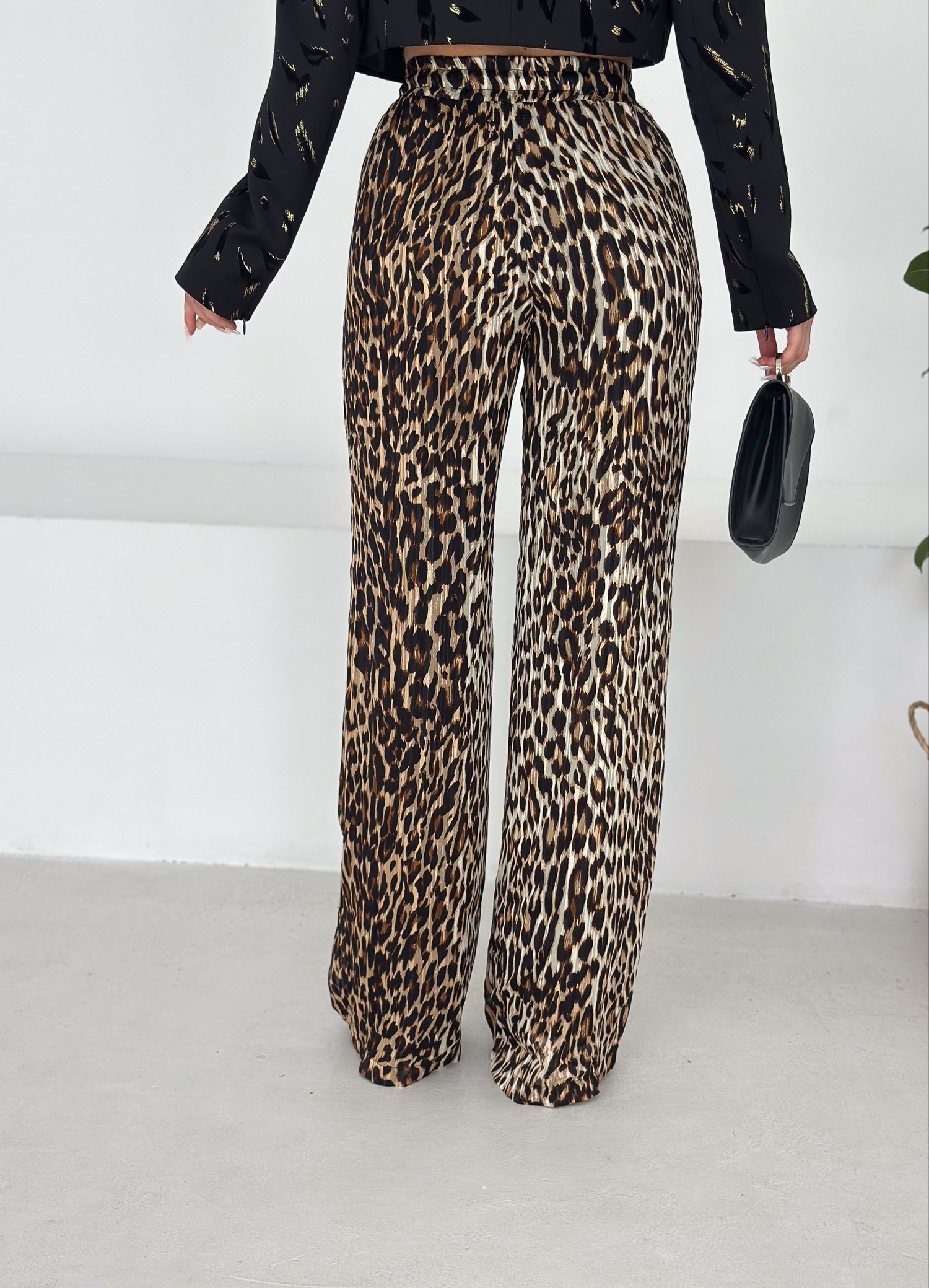 Simli Leopar Şifon Pantolon
