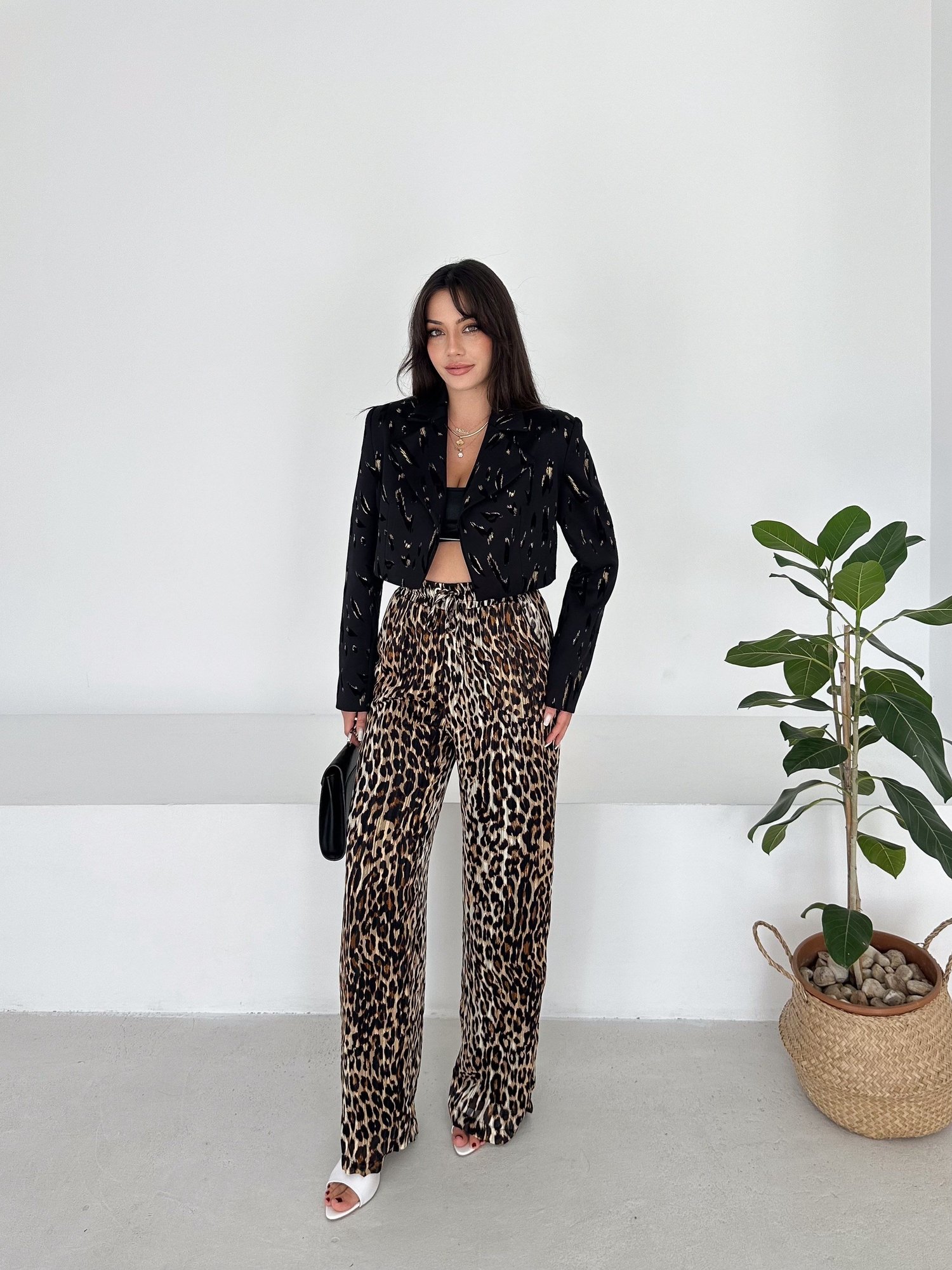 Simli Leopar Şifon Pantolon