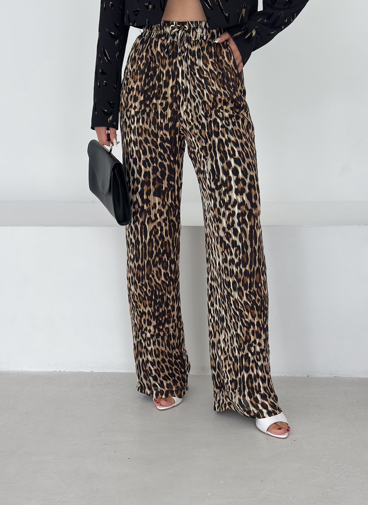 Simli Leopar Şifon Pantolon