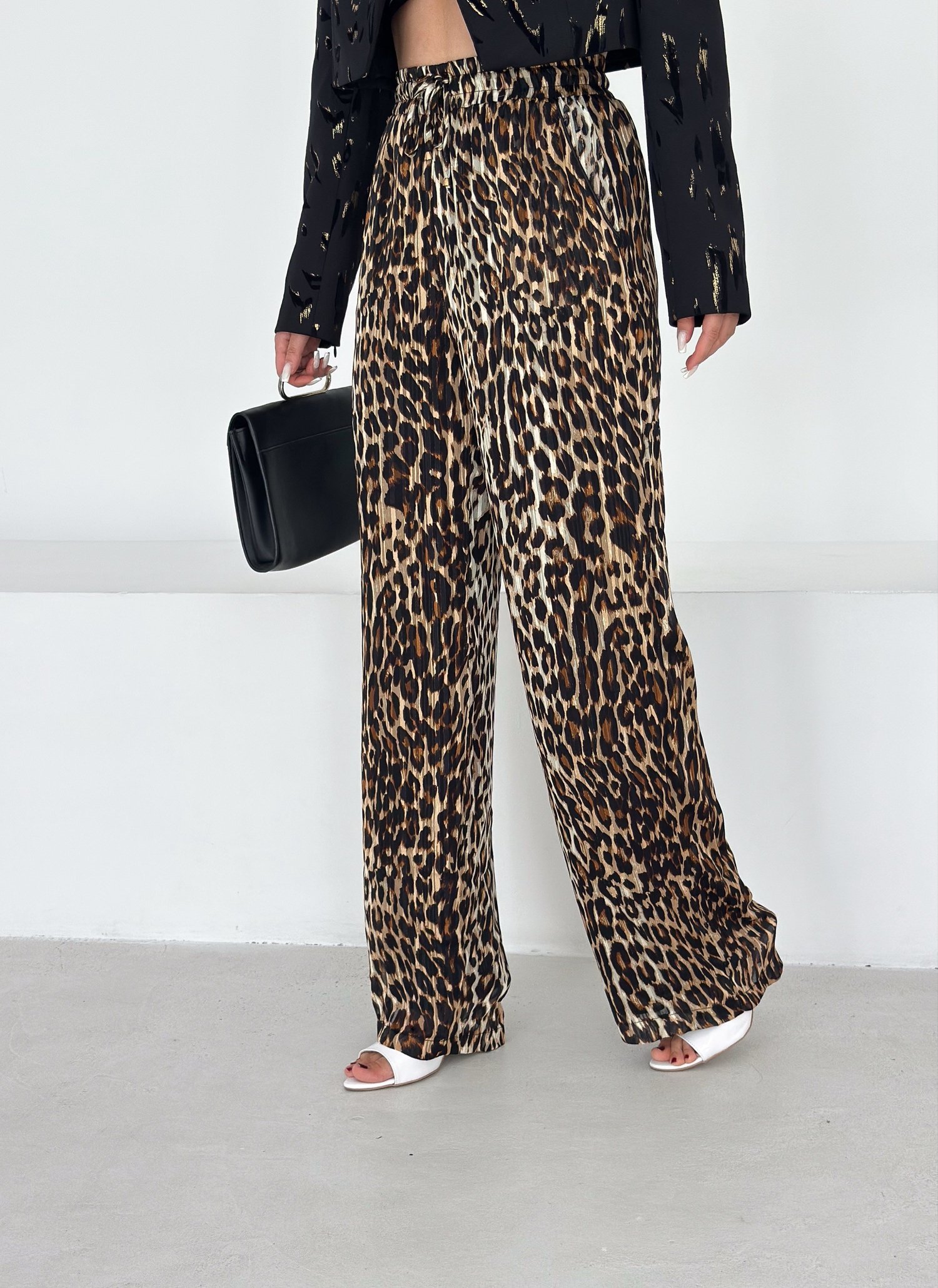 Simli Leopar Şifon Pantolon