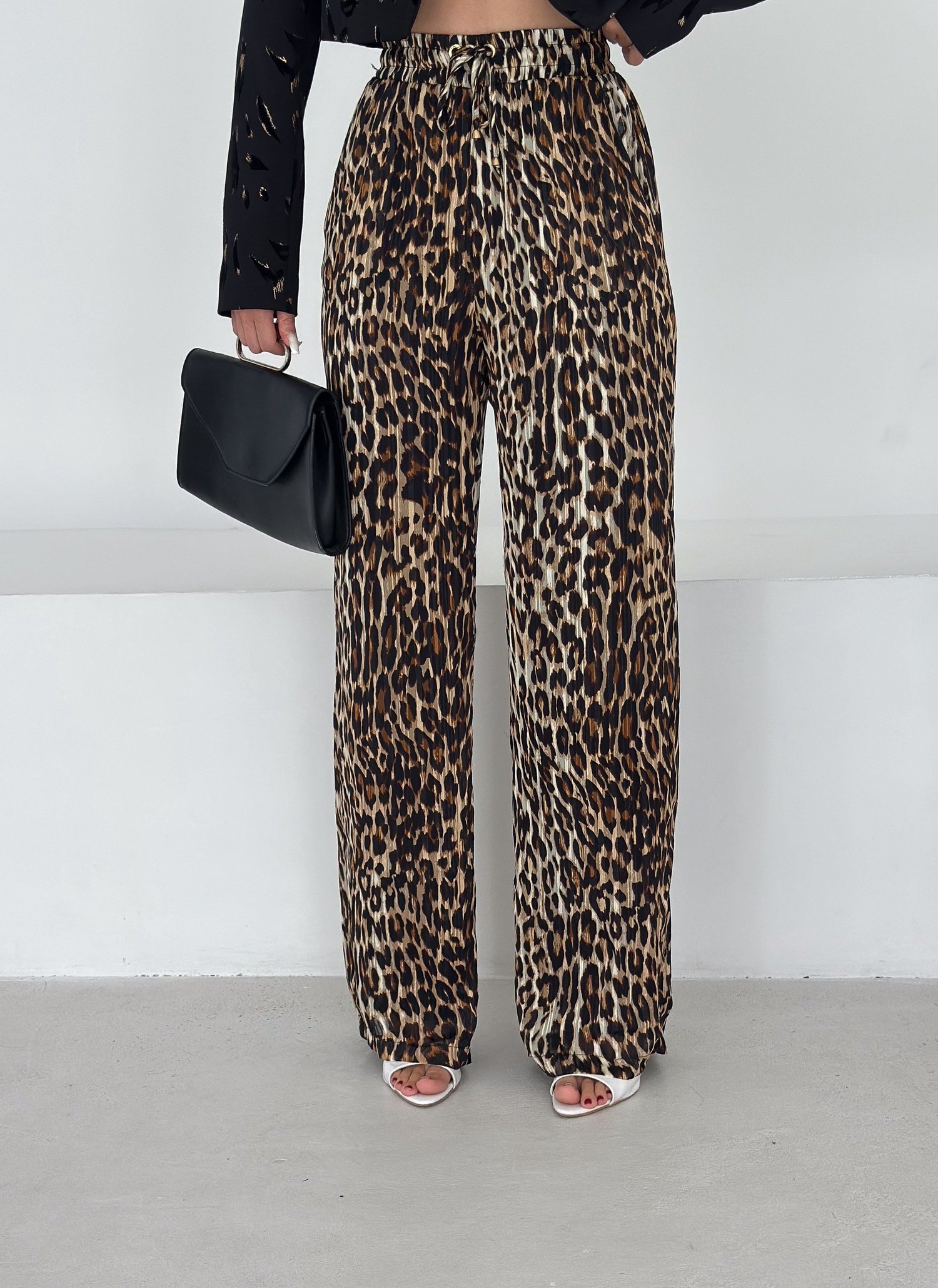 Simli Leopar Şifon Pantolon