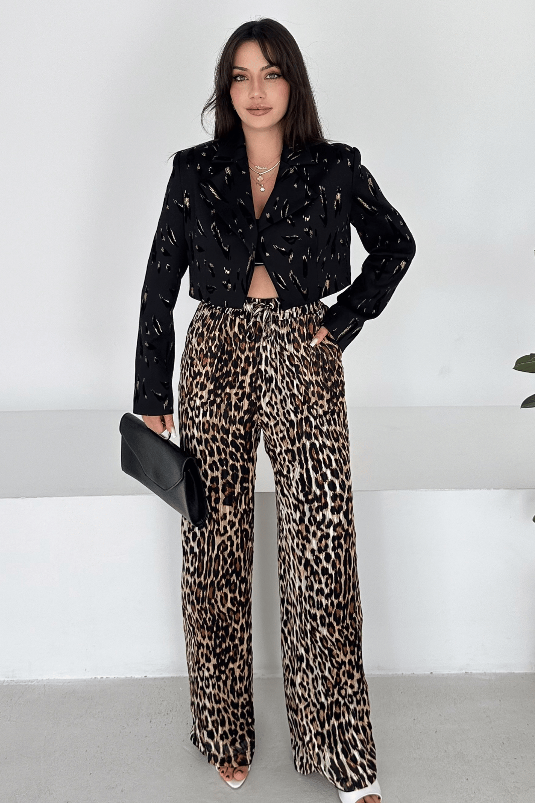 Simli Leopar Şifon Pantolon