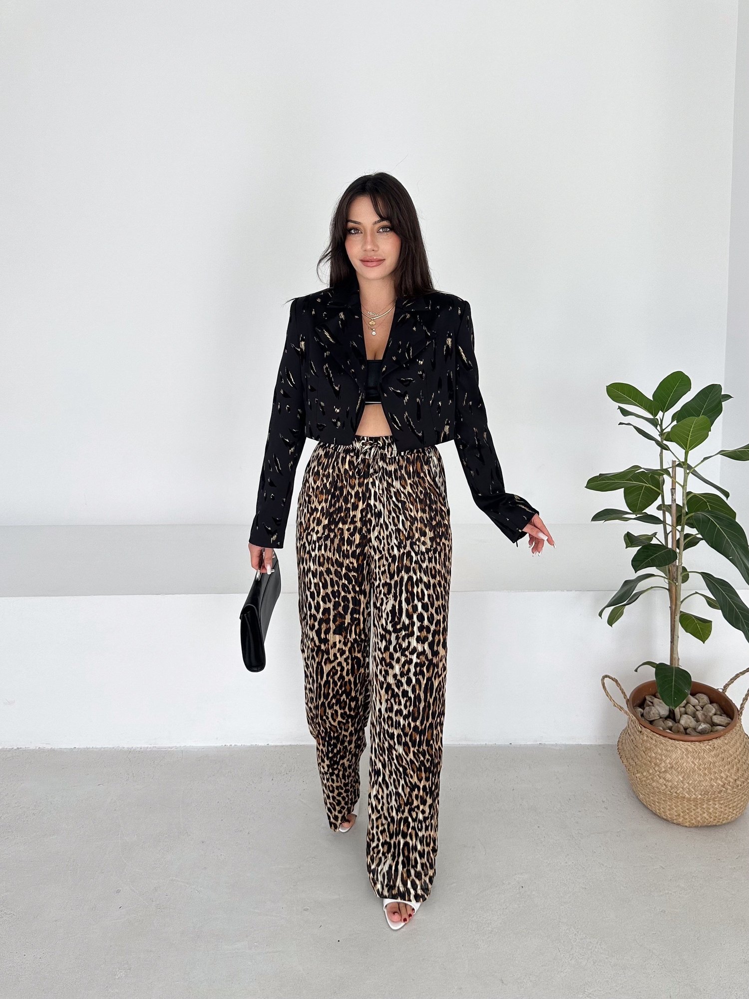 Simli Leopar Şifon Pantolon