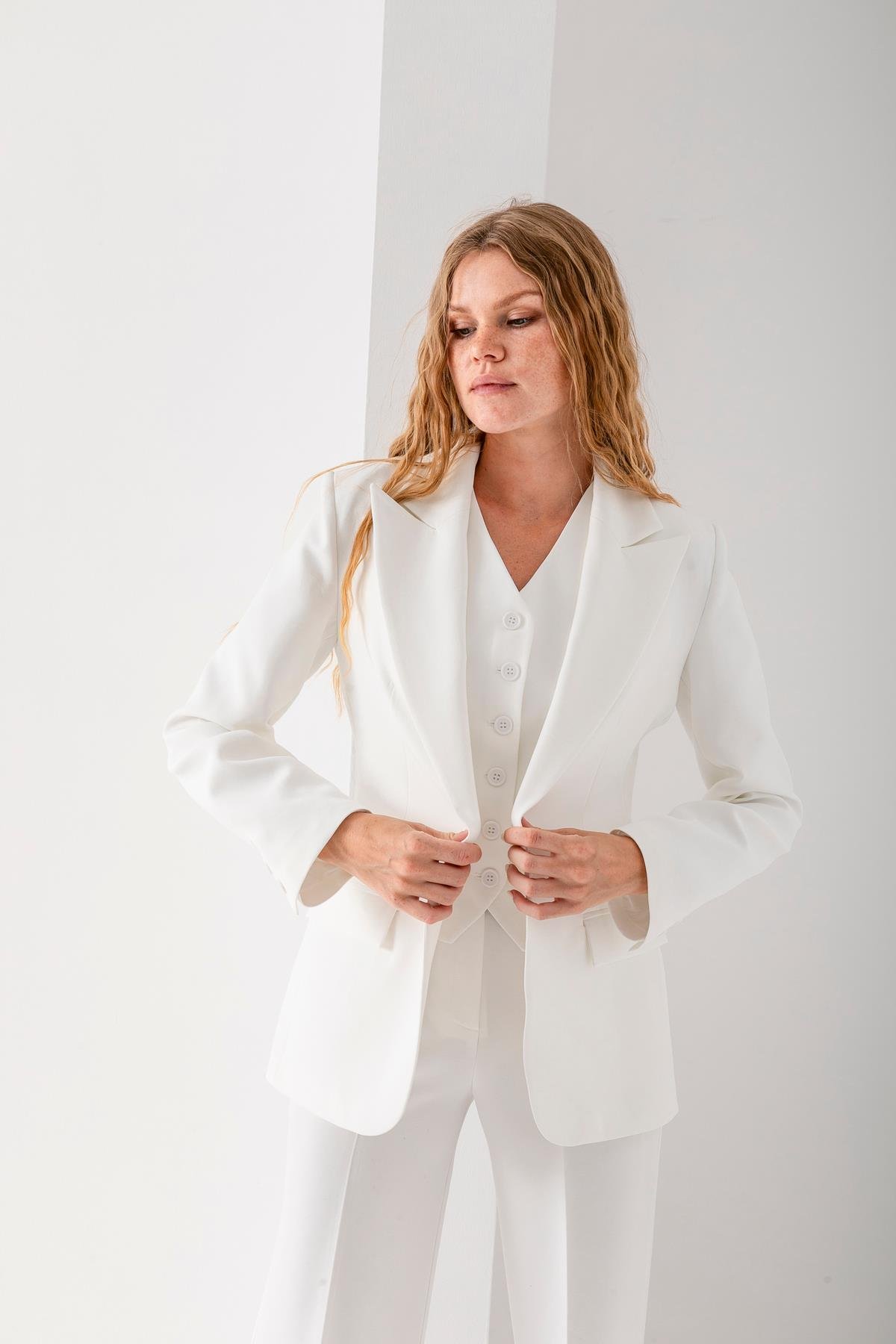 Takım Elbise Tek Düğmeli Blazer Ceket Pantolon Yelek Üçlü Takım