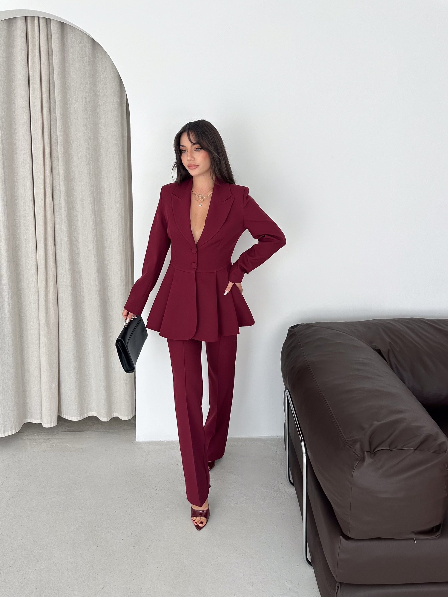 Volanlı Blazer İkili Pantolonlu Takım