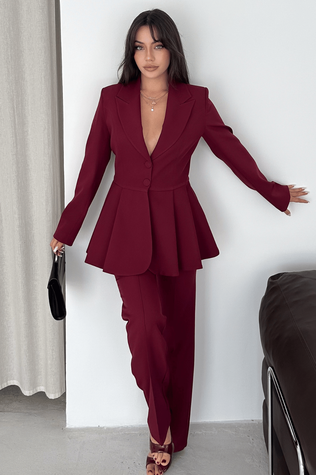 Volanlı Blazer İkili Pantolonlu Takım