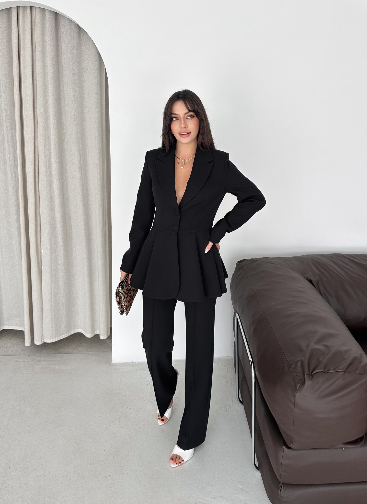 Ruffled Blazer Two-Piece Pants Set