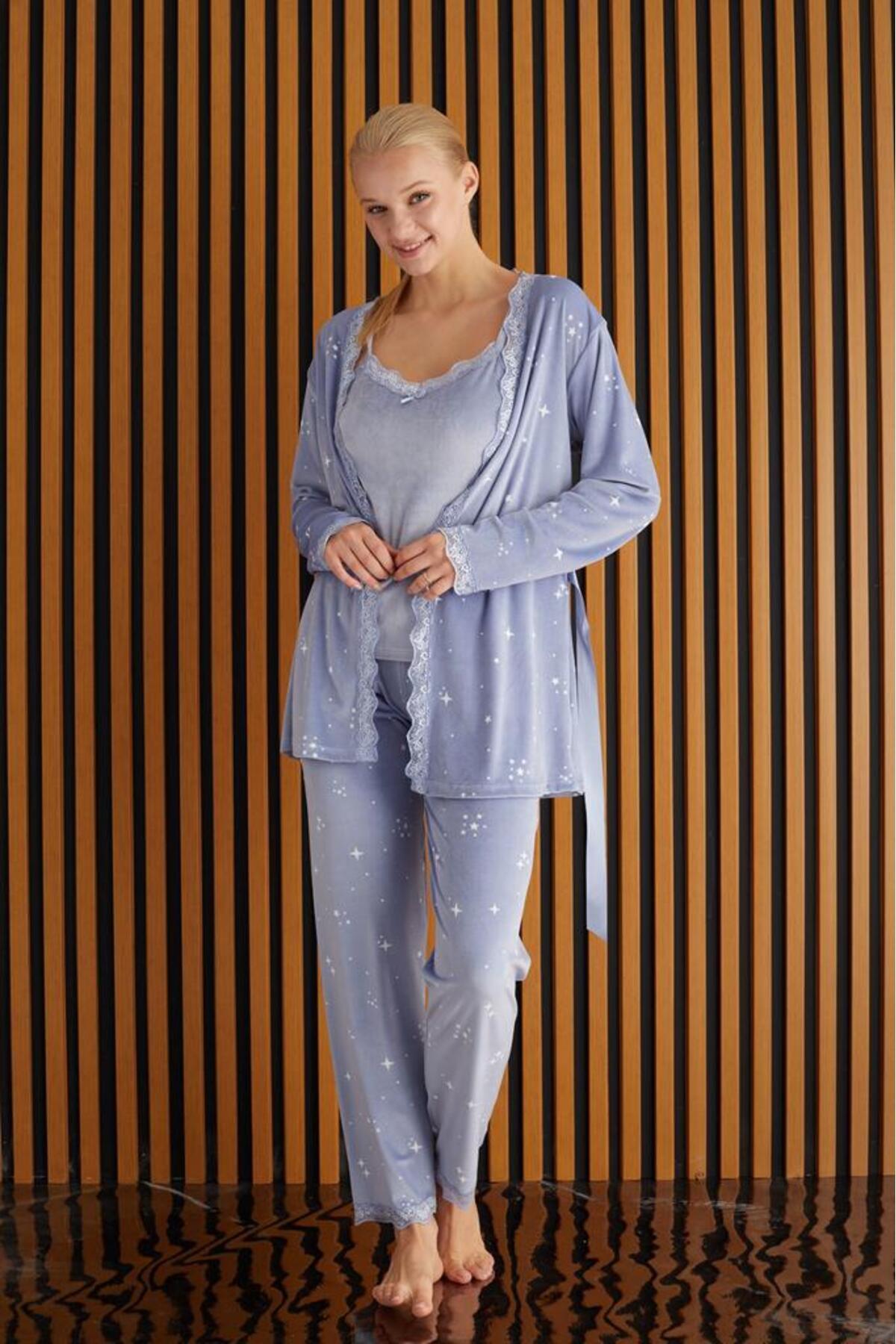 Vuntal Kadın Fransız Kadife Sabahlıklı Kışlık Pijama Takımı
