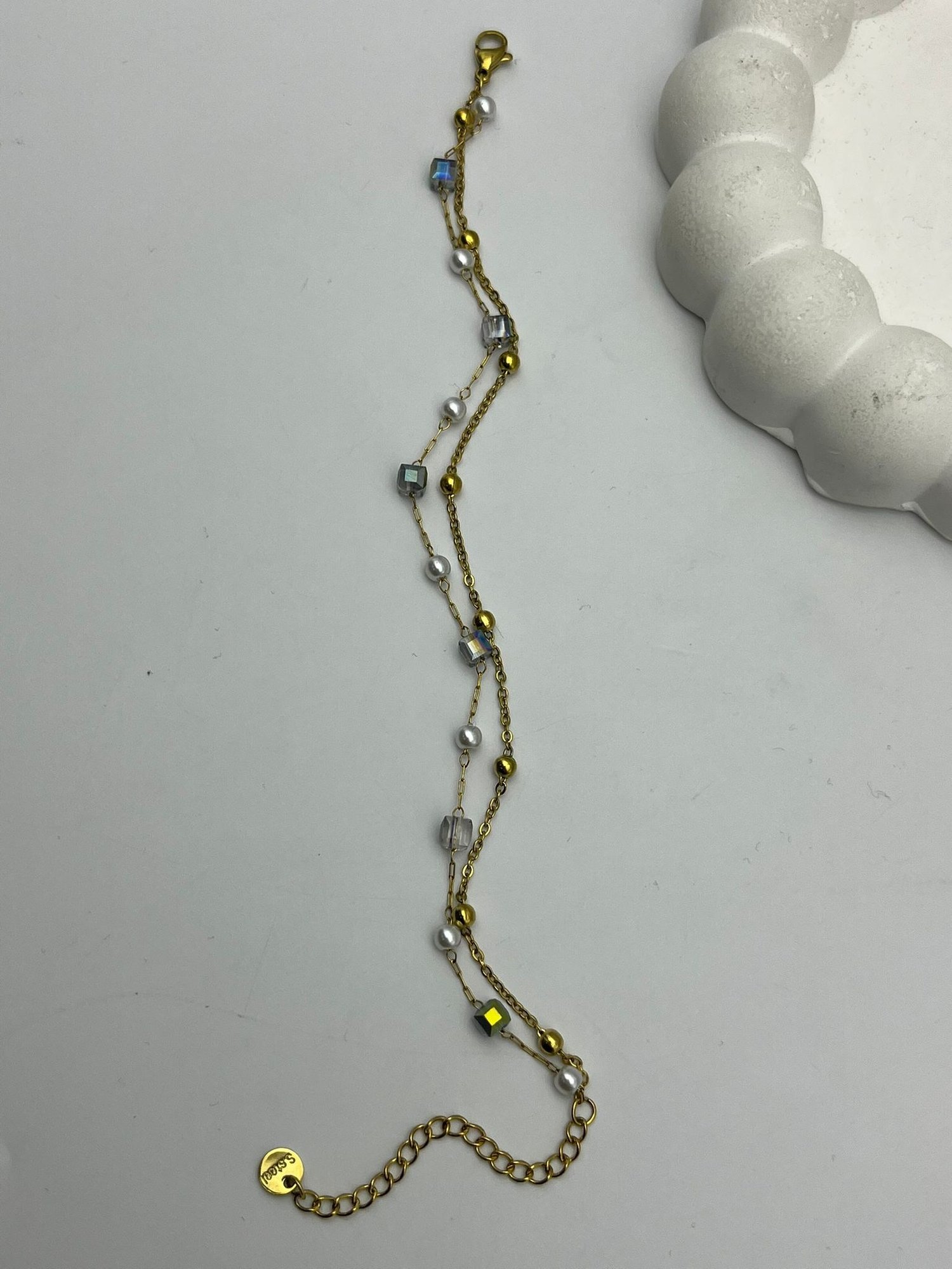 26cmblk14 -CM İnci ve Kristal Detaylı Gold Çelik Bileklik