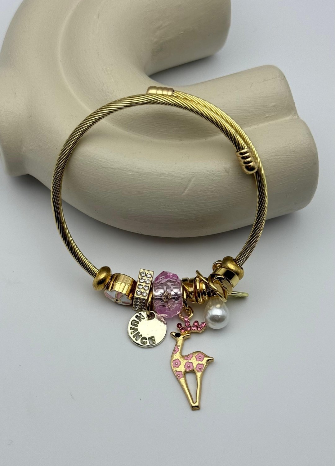 Çelik Gold İnci Taşlı Pembe Geyik Charmlı Pandora Bileklik - 26blk35
