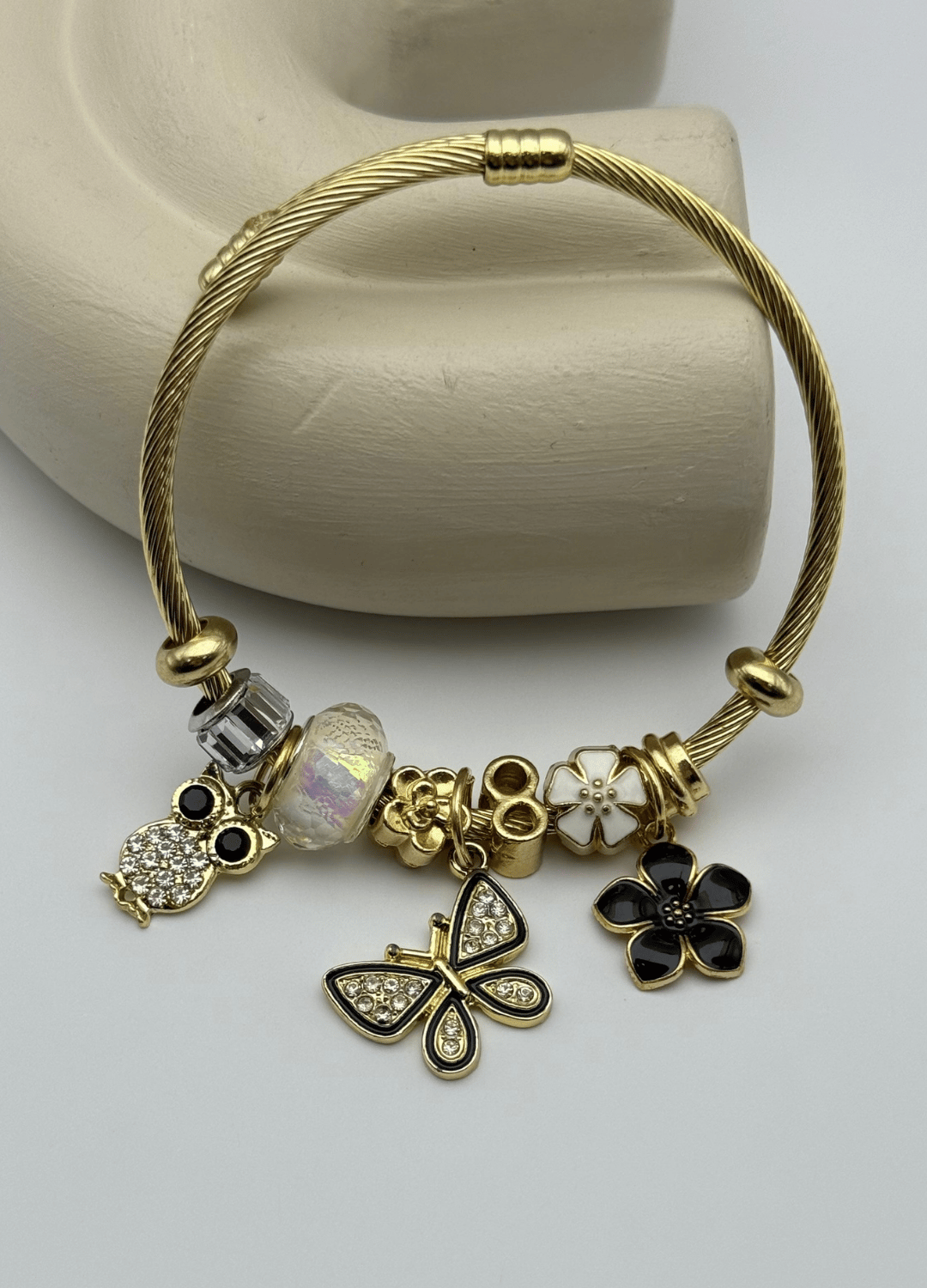 Çelik Gold Kelebek Baykuş Çiçek Taşlı Pandora Bileklik - 26blk28