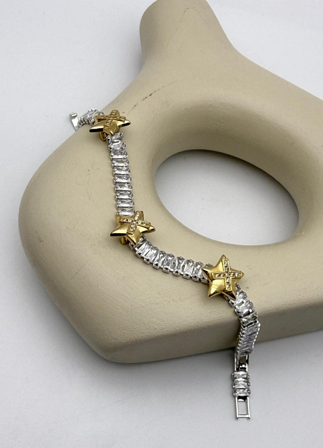 Çelik Silver Baget Taşlı Gold Yıldızlı Su Yolu Bileklik - 26slb53