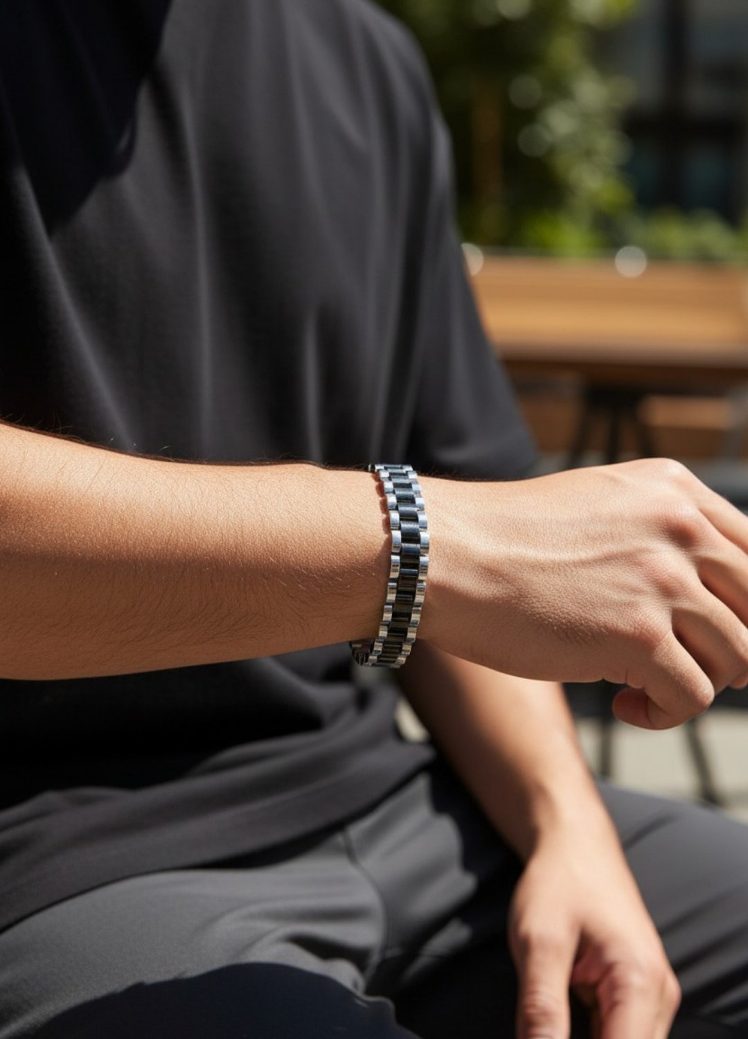 Çelik Silver Siyah Şeritli Erkek Rolex Bileklik - 26blke09