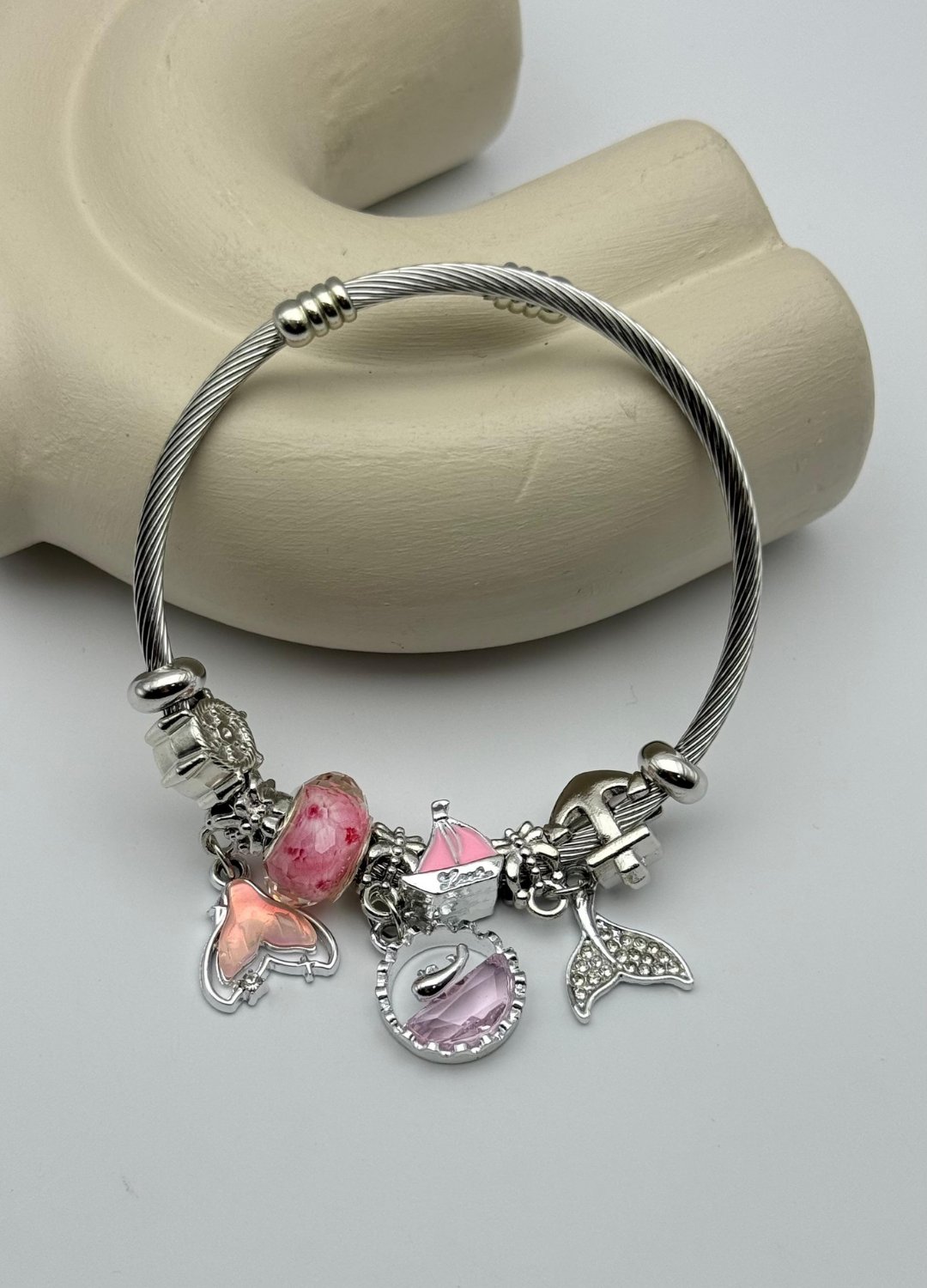 Çelik Silver Taşlı Balık Pembe Charmlı Pandora Bileklik - 26blk51