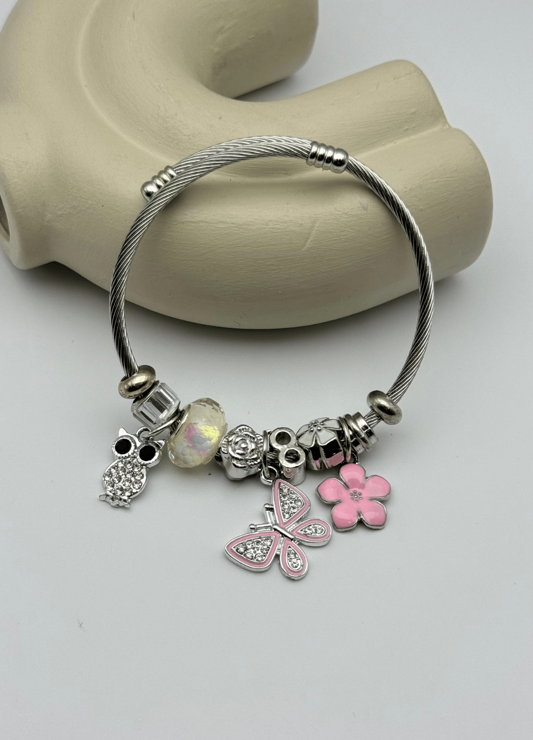 Çelik Silver Taşlı Baykuş Kelebek Pembe Çiçek Charmlı Pandora Bileklik - 26blk58
