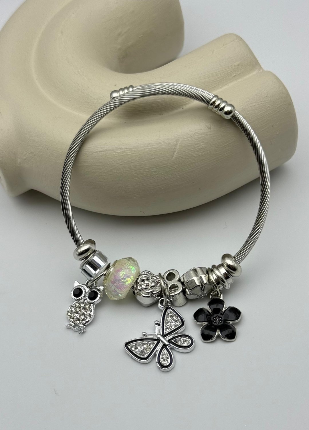 Çelik Silver Taşlı Baykuş Kelebek Siyah Çiçek Charmlı Pandora Bileklik - 26blk49
