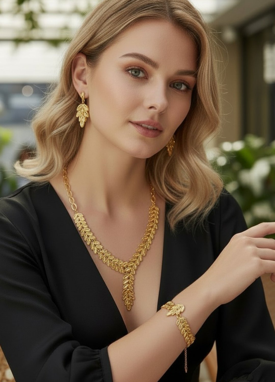 Vip Gold Yaprak Küpe Bileklik Kolye Set - 26set14