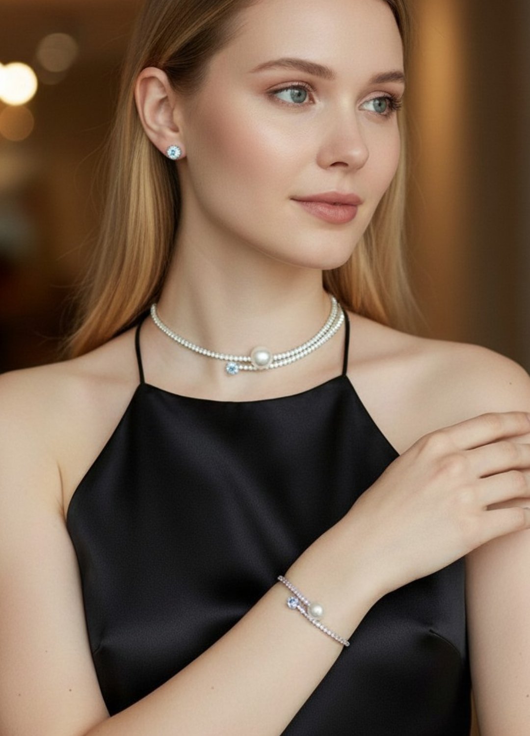 Vip Silver Taşlı İncili Kolye Bileklik Küpe Set - 26set12