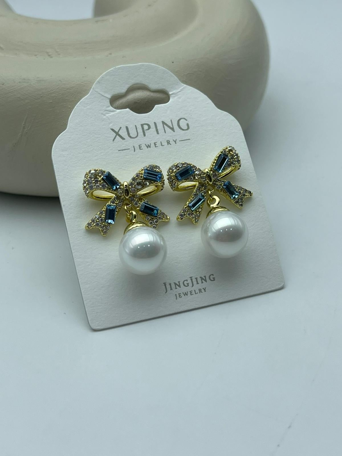 Xuping Mavi Taş Detaylı Çelik Gold Kurdele Küpe - 26xpkp44