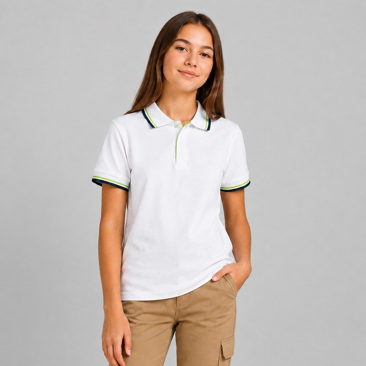 Yeşil Yaka Çizgili Okul Lakos Beyaz Tshirt